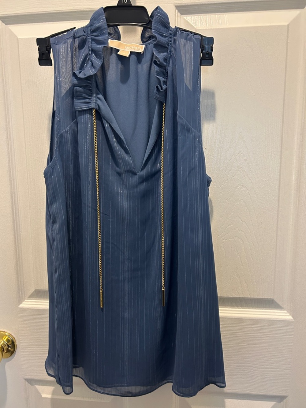 Michael Kors Steel Blue Ruffle Neck Sleeveless Camisole with Gold Chain Ties